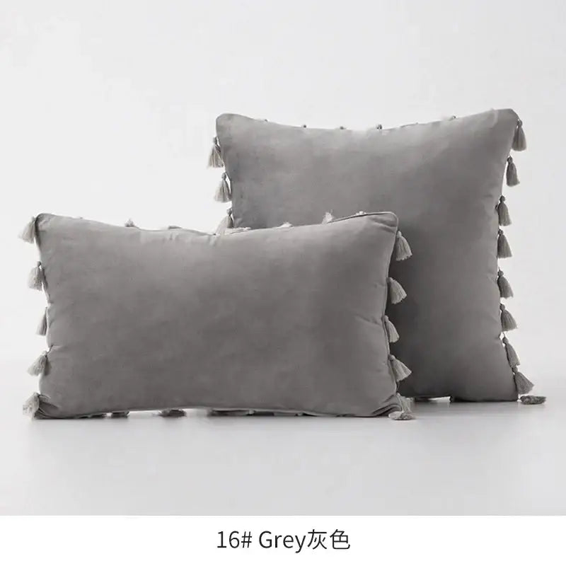 Grey velvet throw pillows with matching fringed tassel velvet edges for vibrant living room decorbites tassel velvet decor