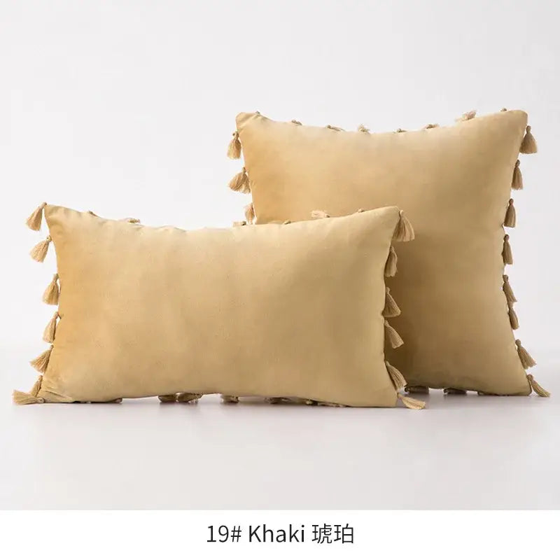 Khaki tassel velvet rectangular and square throw pillows with fringed tassel velvet edges for living room decorbites decor