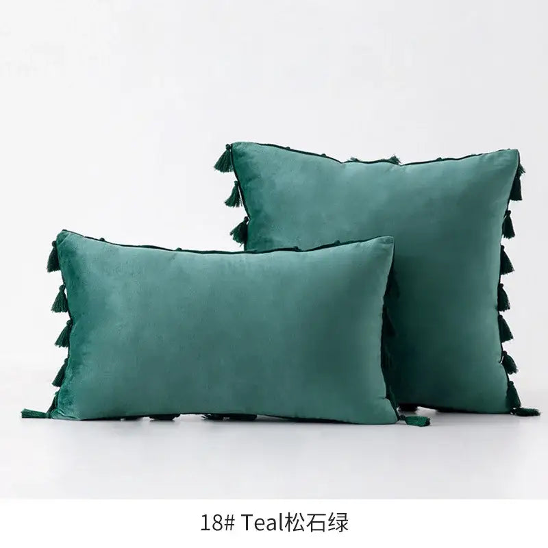 Teal velvet throw pillows with dark green tassels featuring decorbites fringed tassel velvet for living room decor