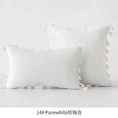 White rectangular and square throw pillows with soft textured tassel velvet fabric for living room decorbites fringed tassel