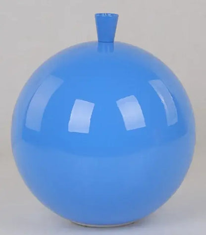 A vibrant glossy blue ceramic vase with a rounded body and small neck for pendant light installation method display
