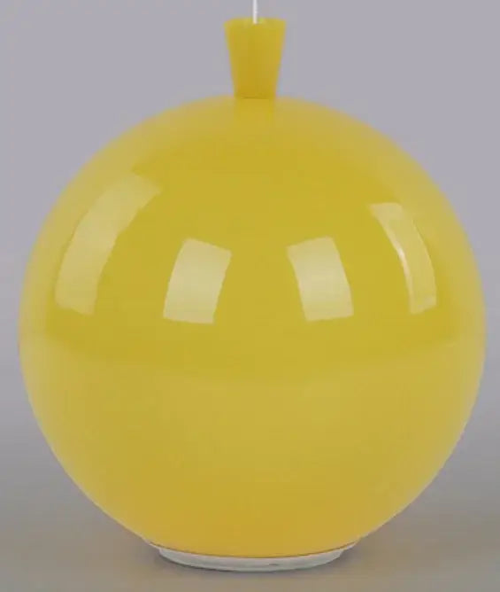 A glossy yellow spherical pendant light with a white base and small cylindrical top for childrens bedroom installation