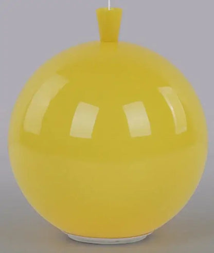 A glossy yellow spherical pendant light with a white base and small cylindrical top for childrens bedroom installation