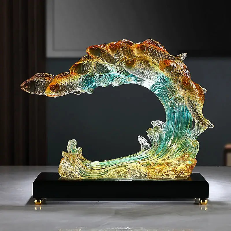 Translucent iridescent resin sculpture of a decorbites gradient goldfish swimming through stylized waves for living room decor