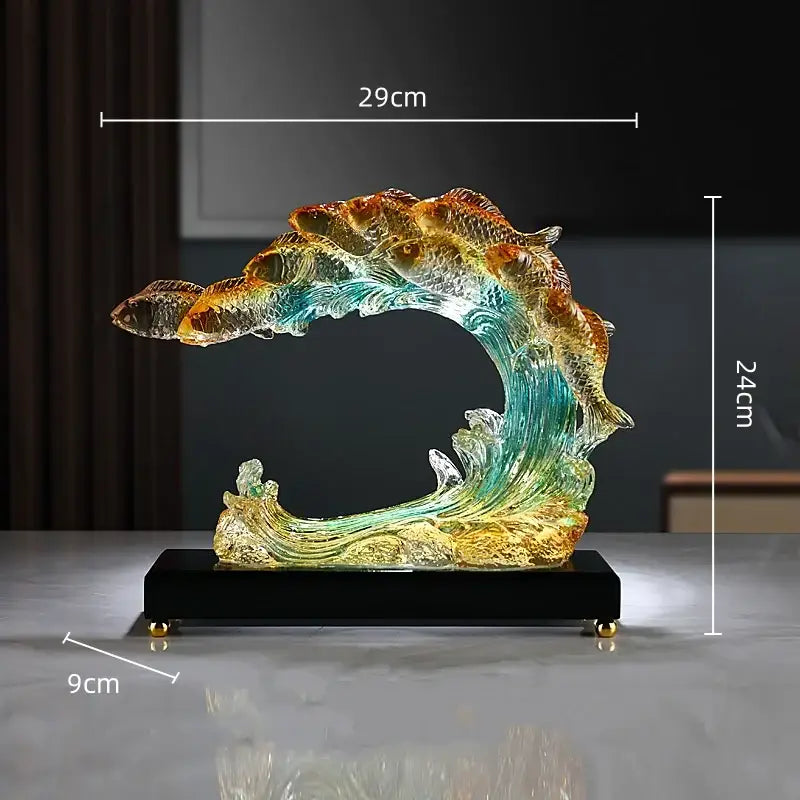 Translucent iridescent resin sculpture featuring a vibrant gradient goldfish wave for living room decorbites decor