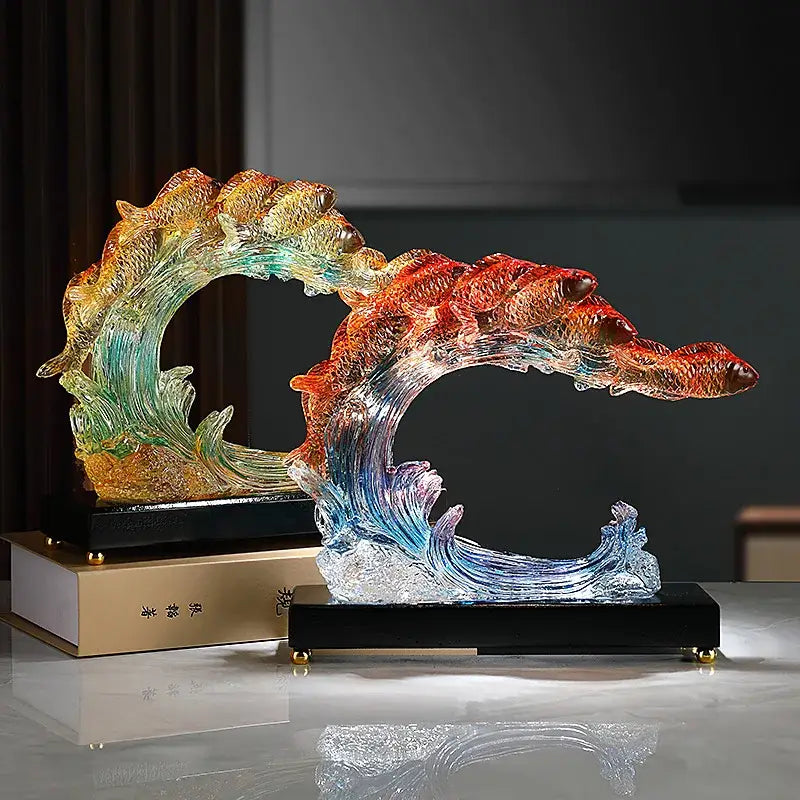 Vibrant gradient goldfish resin sculpture featuring a translucent wave design with fish for living room decorbites decor