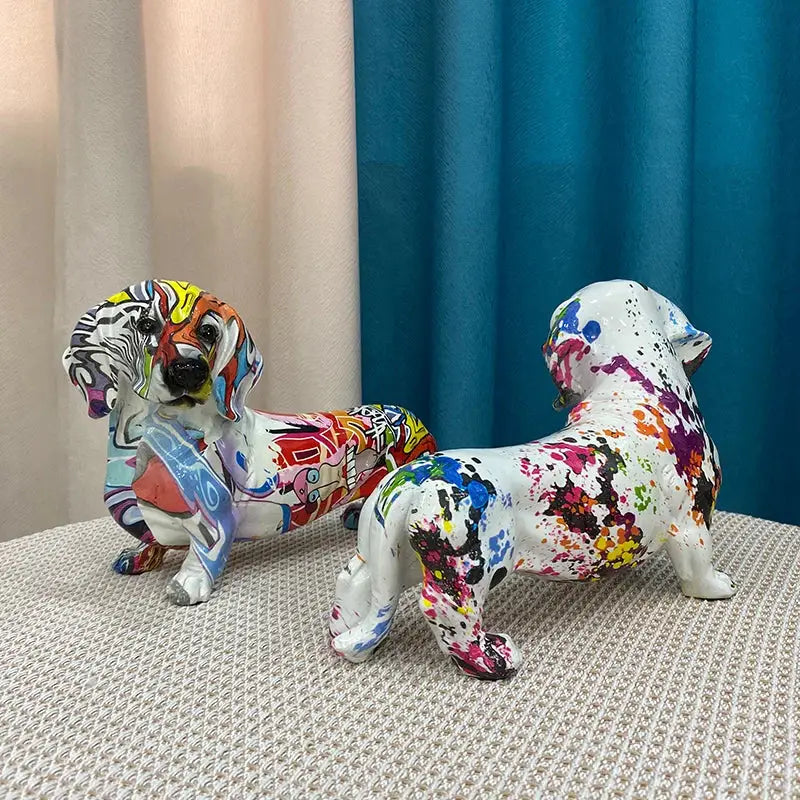 Two vibrant graffiti art decorbites dachshund dog resin figurines with colorful abstract splatters for living room decor