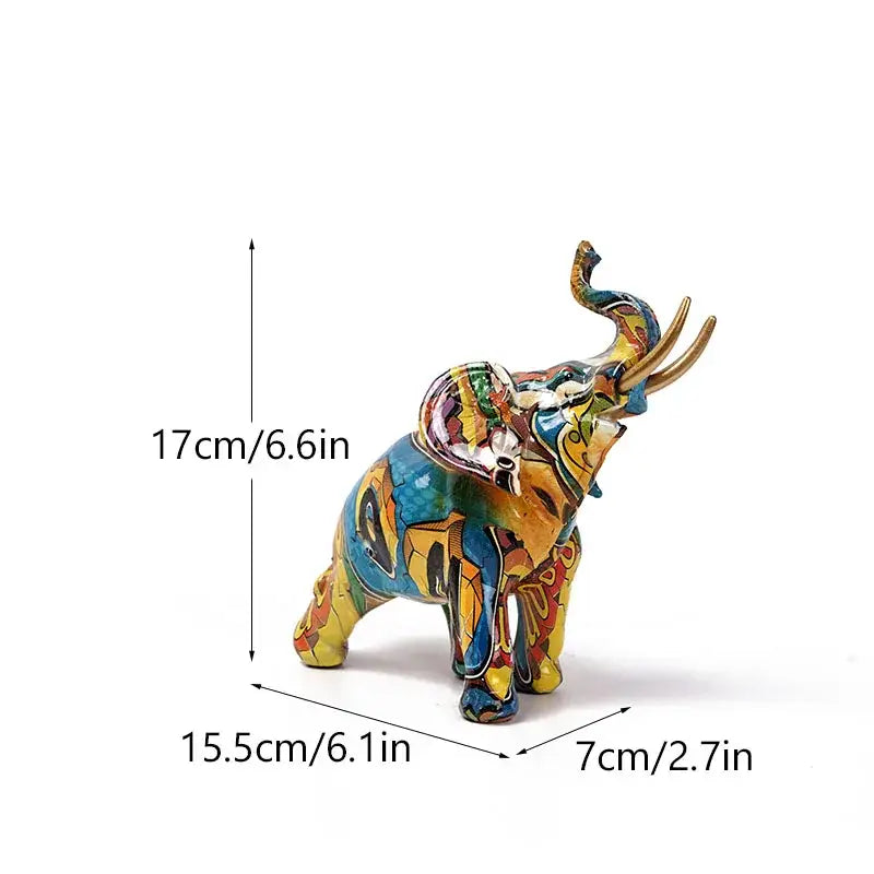 Vibrant decorbites graffiti elephant resin sculpture featuring hand-painted geometric floral patterns in bold colors for living room decor