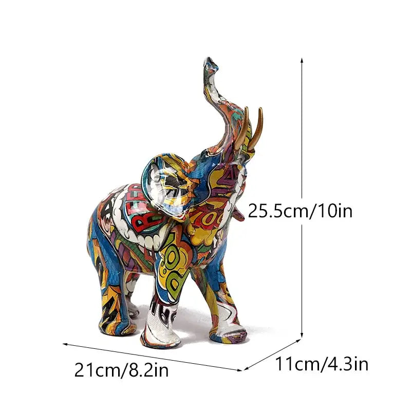 Vibrant graffiti elephant resin sculpture with bold colors and intricate designs for living room decorbites decor
