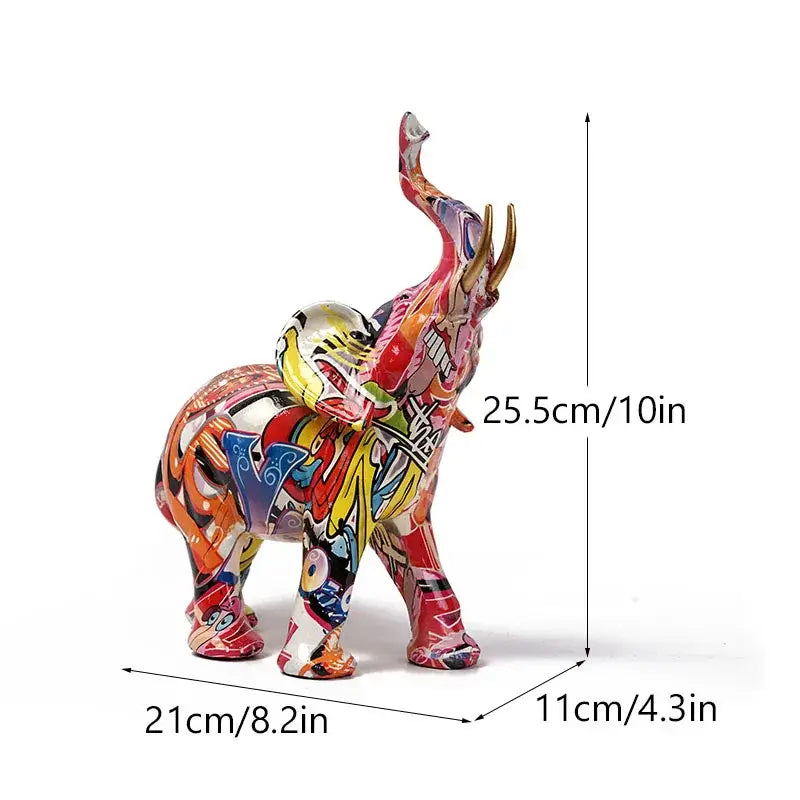 Vibrant graffiti elephant resin sculpture with bold red yellow and blue patterns for living room decor by decorbites