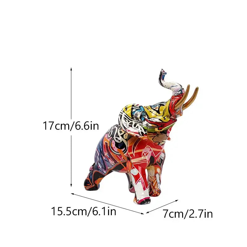 Vibrant graffiti elephant resin sculpture featuring bold reds yellows and blacks on glossy surface for living room decorbites decor