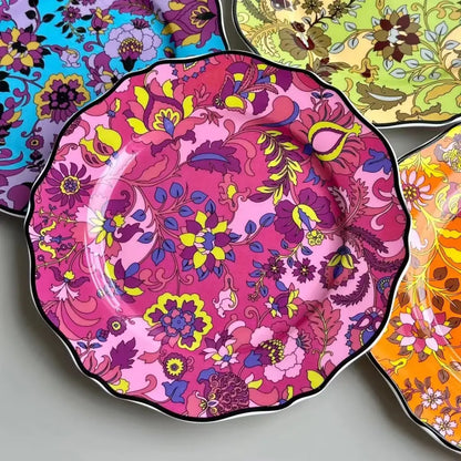 Vibrant pink ceramic dining plates set with scalloped edge and jungle flower bone floral pattern for decorbites jungle flower