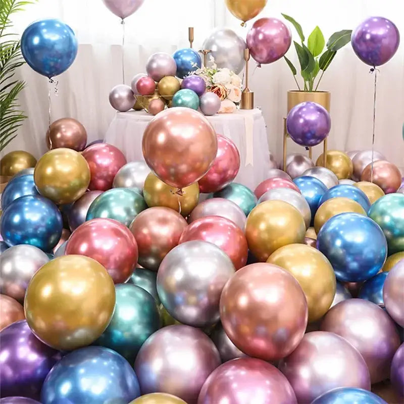 A vibrant metallic latex confetti balloon set featuring gold silver rose gold blue purple and teal balloons for party decor