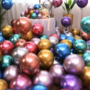 A vibrant metallic latex confetti balloon set featuring gold silver rose gold blue purple and teal balloons for party decor