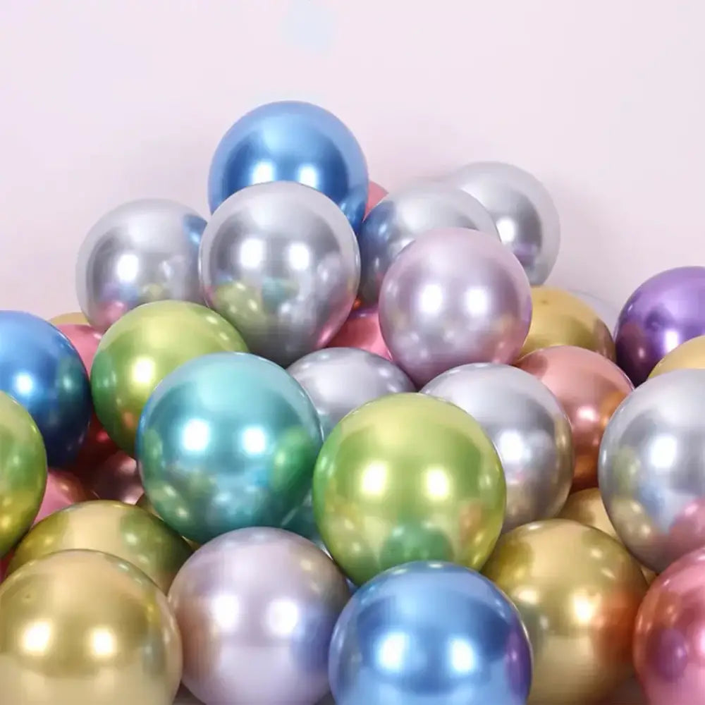 A vibrant metallic latex confetti balloon set featuring shiny pastel and vivid metal latex confetti balloons in various colors