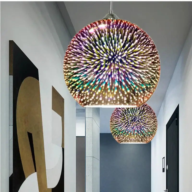 Vibrant multi-colored burst glass ball pendant light fixture with spherical design for living room illumination