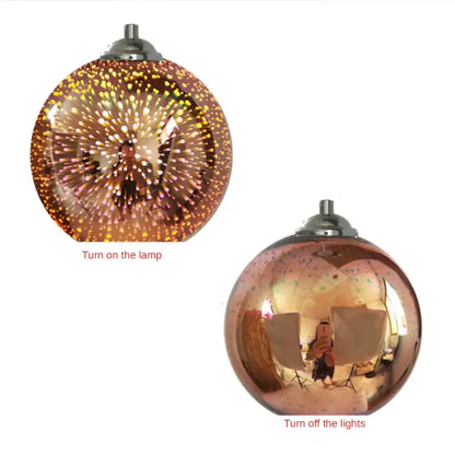 Vibrant multi-colored glass pendant light fixture with metallic rose gold starburst pattern glowing warmly for living room