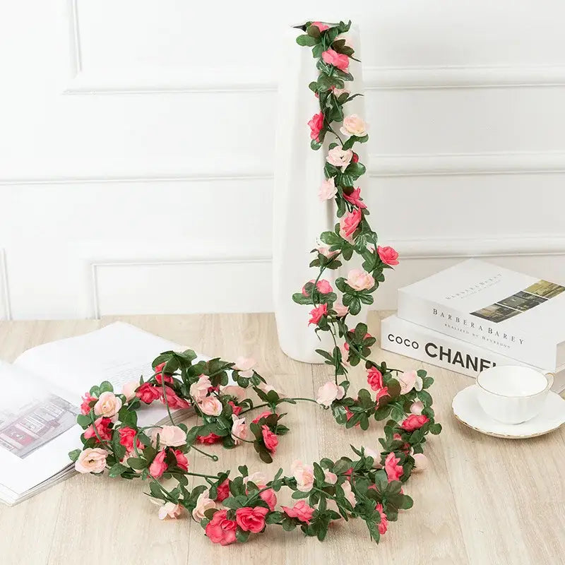 Delicate artificial rose flowers vine garland with pink and peach roses and green leaves for living room decor