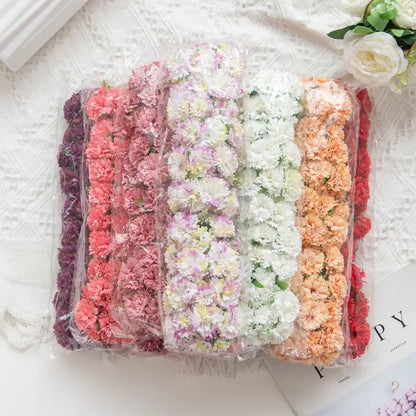 A bundle of vibrant multicolor carnation stamen silk flowers in clear packaging for living room decor by decorbites