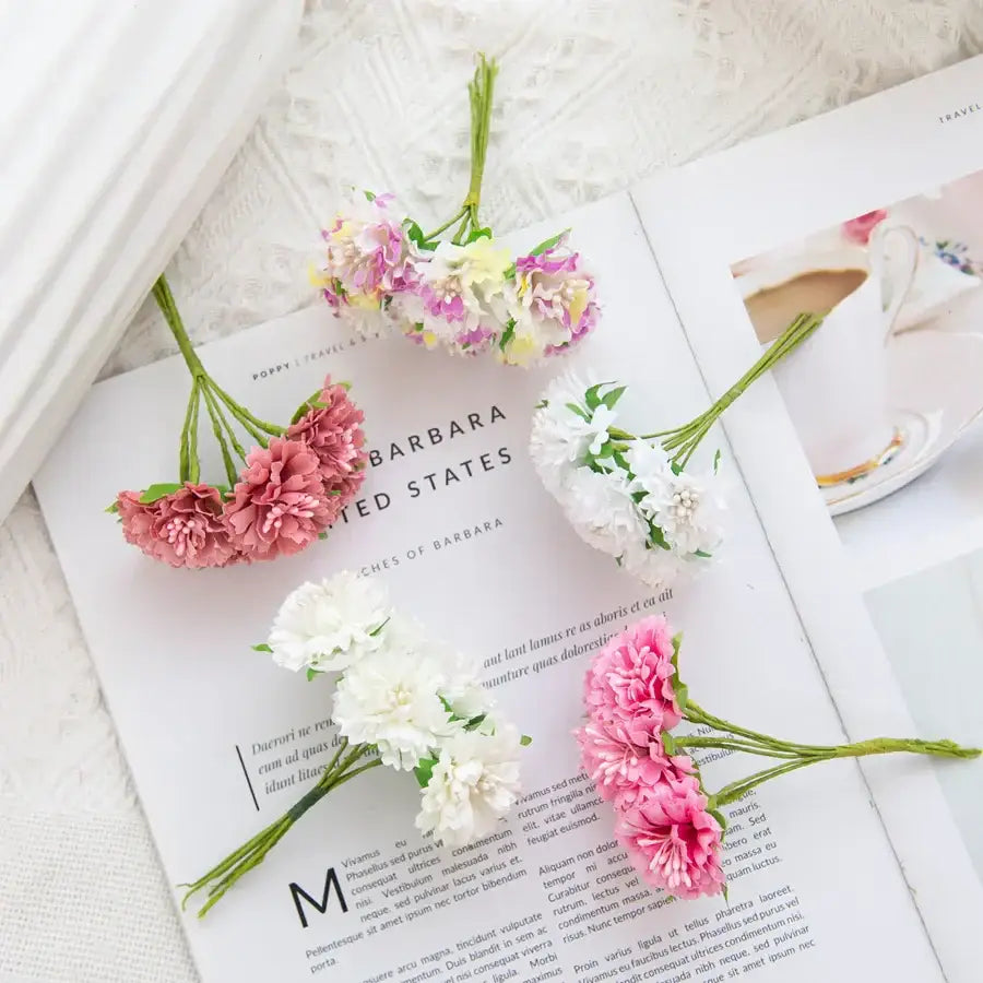 Pink and white silk flowers carnation stamen with delicate layered petals in clusters for living room decorbites decor