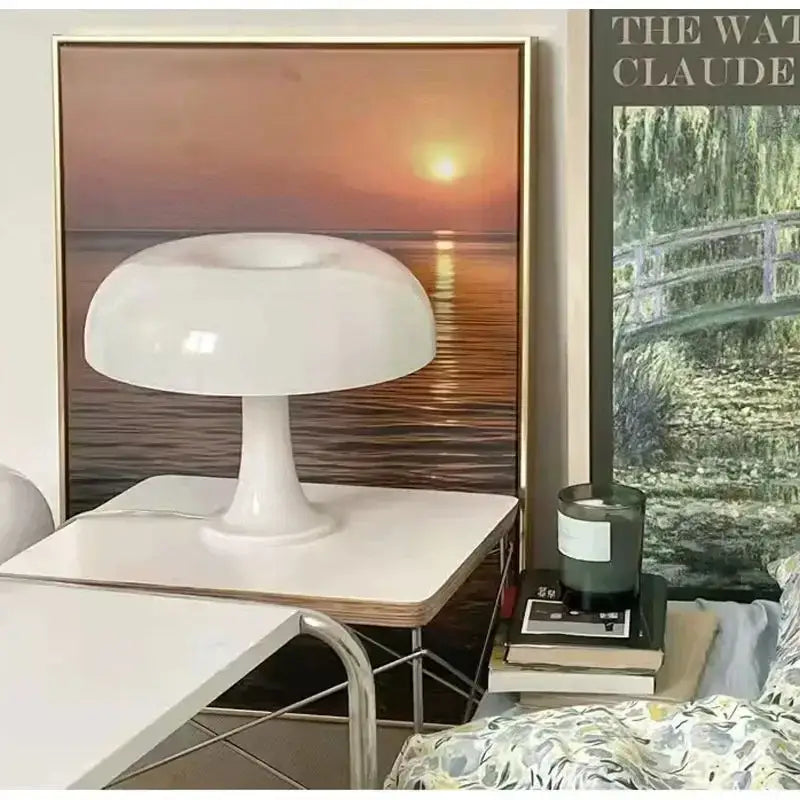 White glossy mushroom desk lamp designed as a vibrant orange bedhead night light mushroom for bedroom use