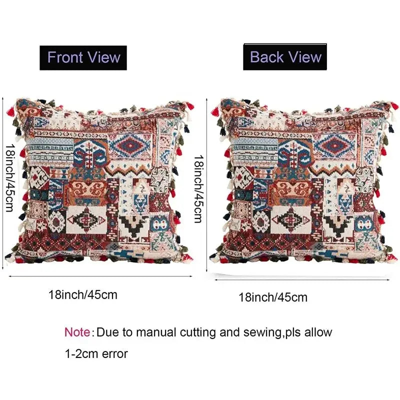 Vibrant patchwork ethnic boho throw pillow cover with 18-inch geometric patterns in red blue beige and colorful tassels decorbites pillow covers