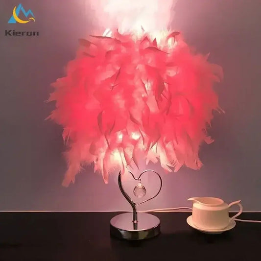 Vibrant pink crystal feather led table lamp with chrome heart-shaped base and crystal accent for bedroom decorbites crystal feather