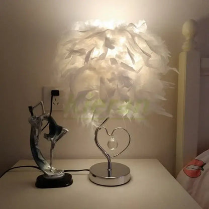 Vibrant pink crystal feather led table lamp with white feather shade heart-shaped metallic base decorbites crystal feather