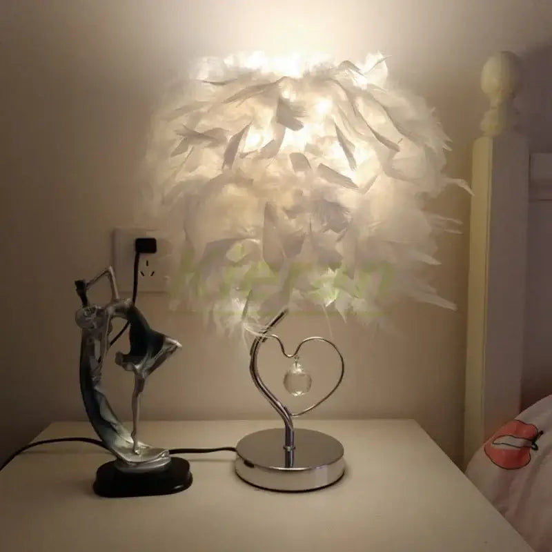 Vibrant pink crystal feather led table lamp with white feather shade heart-shaped metallic base decorbites crystal feather