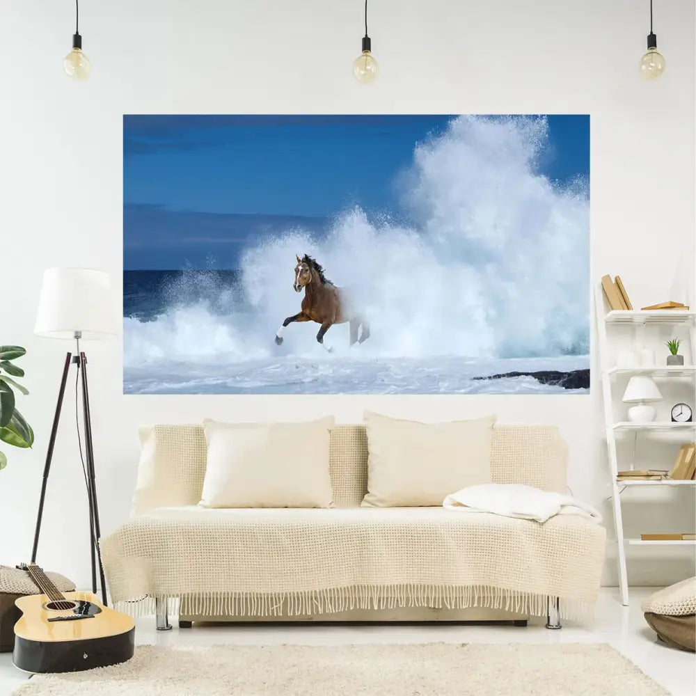 A vibrant red and blue horse 3d printing tapestry wall hanging of a brown horse galloping through ocean waves