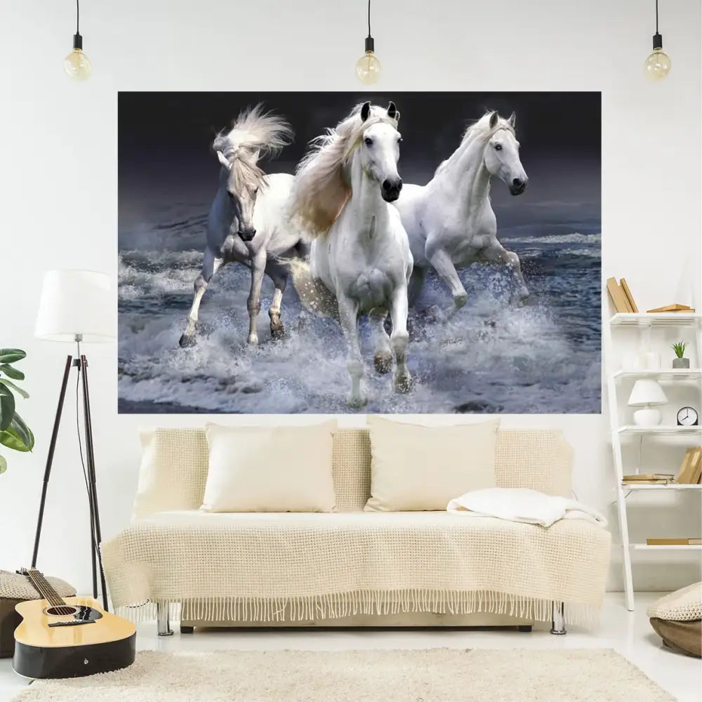 Vibrant red and blue tapestry wall hanging featuring a horse 3d printing of three white horses galloping through water