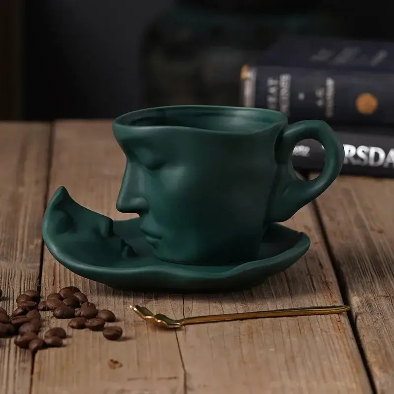 Dark green ceramic frosted ceramic face mug set with saucer from decorbites for kitchen and dining room decor