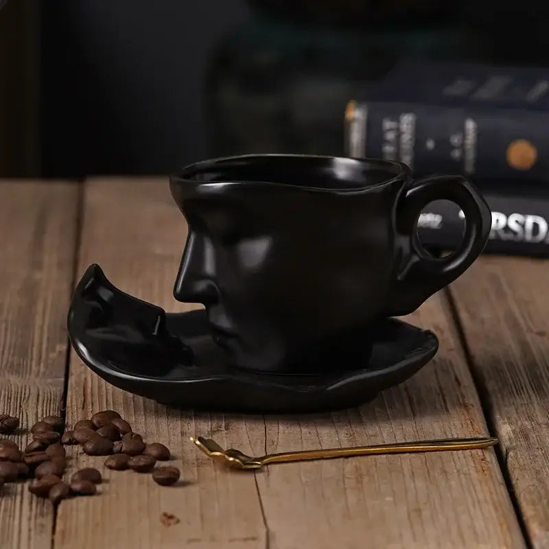Black ceramic frosted ceramic face mug set by decorbites with sculpted features for kitchen and dining room decor