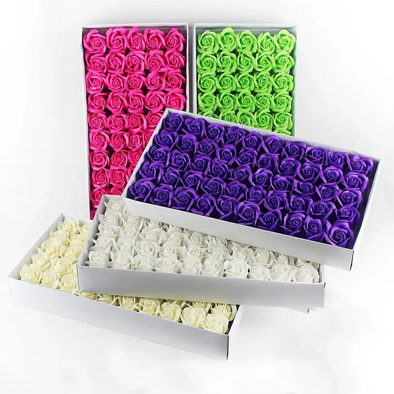 Vibrant decorbites bath flower set with pink, green, purple, and cream artificial rose soap flowers in white boxes