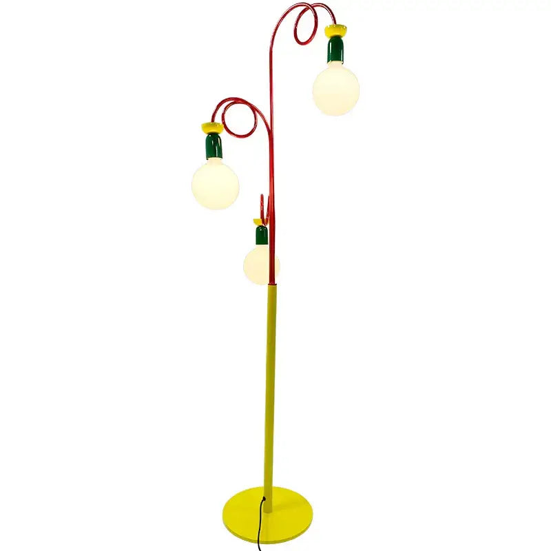 Vibrant red and yellow metal art led floor lamp with three curved arms and spherical white bulbs for living room decorbites floor lamp