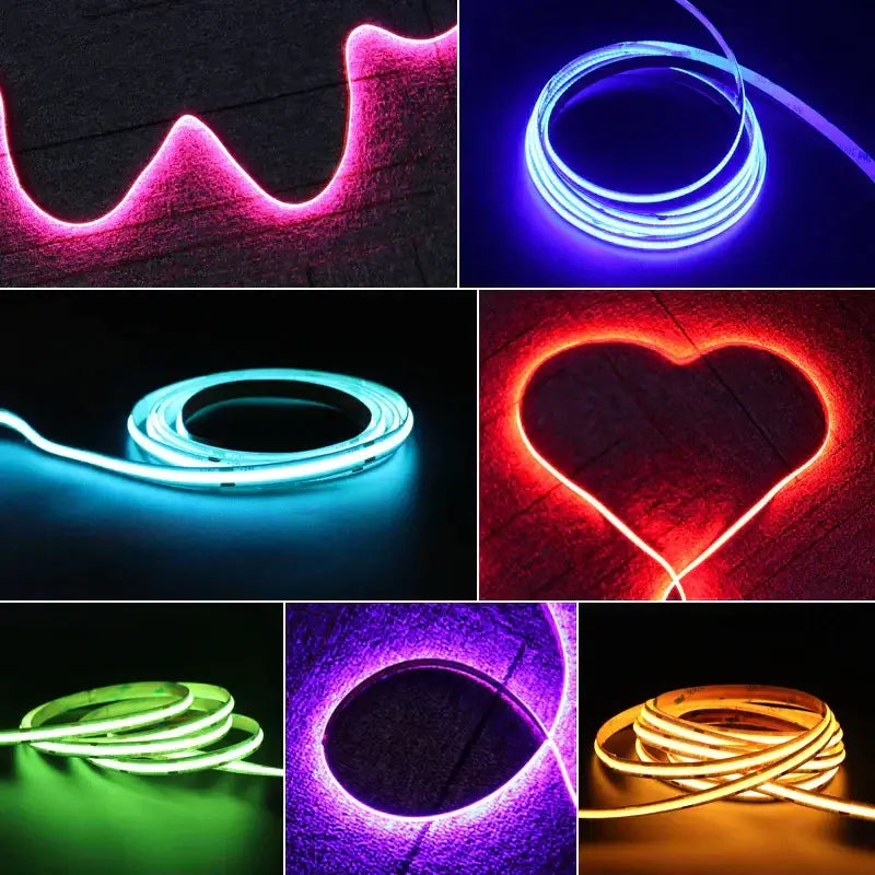 Vibrant slim 4mm cob led strip lights in pink blue cyan red green purple and warm white for bedroom lighting