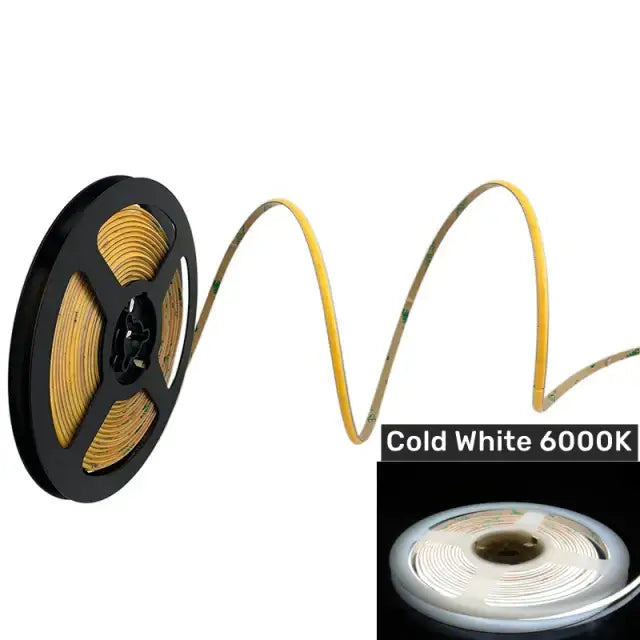 Cold white vibrant slim 4mm cob led strip lights with flexible yellow gold flex circuit and black spool for bedroom lighting