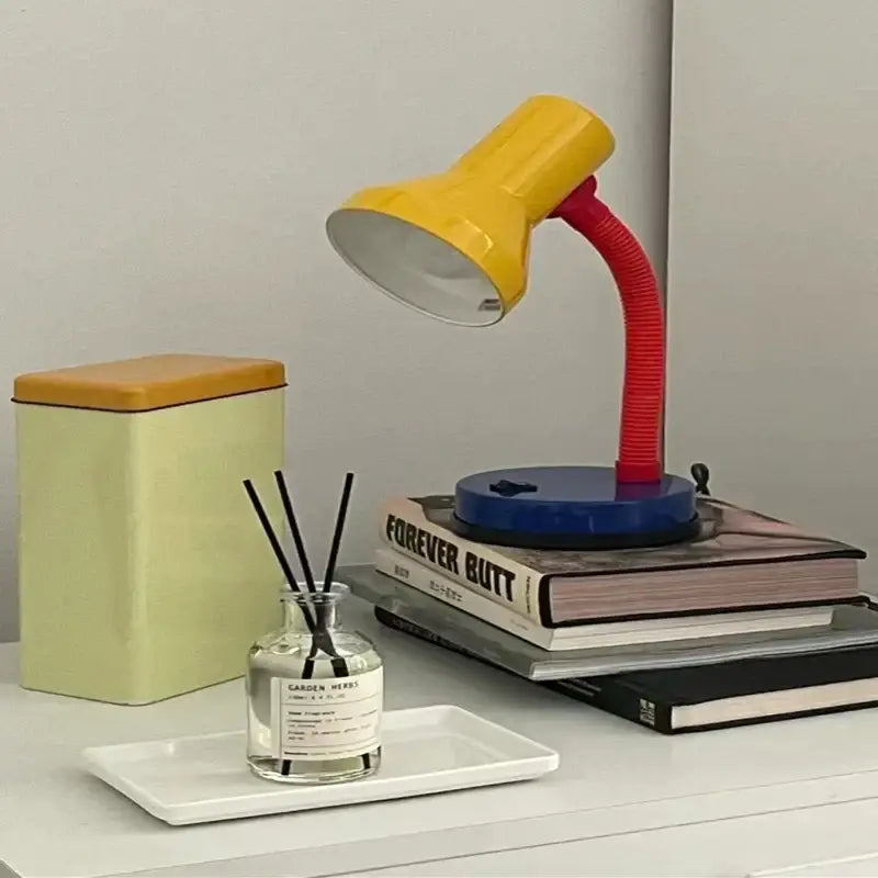 Vibrant yellow and red decorbites led study desk lamp with blue base and flexible neck for adjustable eye protection lighting