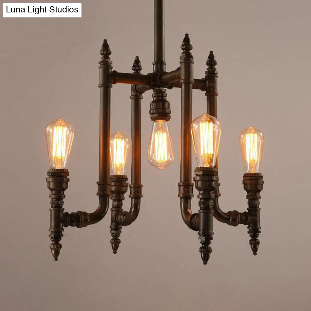 Victoire - Rust Rust 5 Bulbs Chandelier Lighting Antiqued Metallic Radial Pipe Ceiling Hang Fixture for Living Room