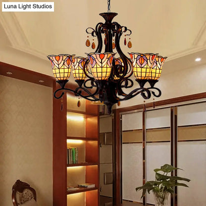 Victorian 6-Light Bedroom Ceiling Chandelier with Floral Stained Glass Shades in Red, Pink, and Blue