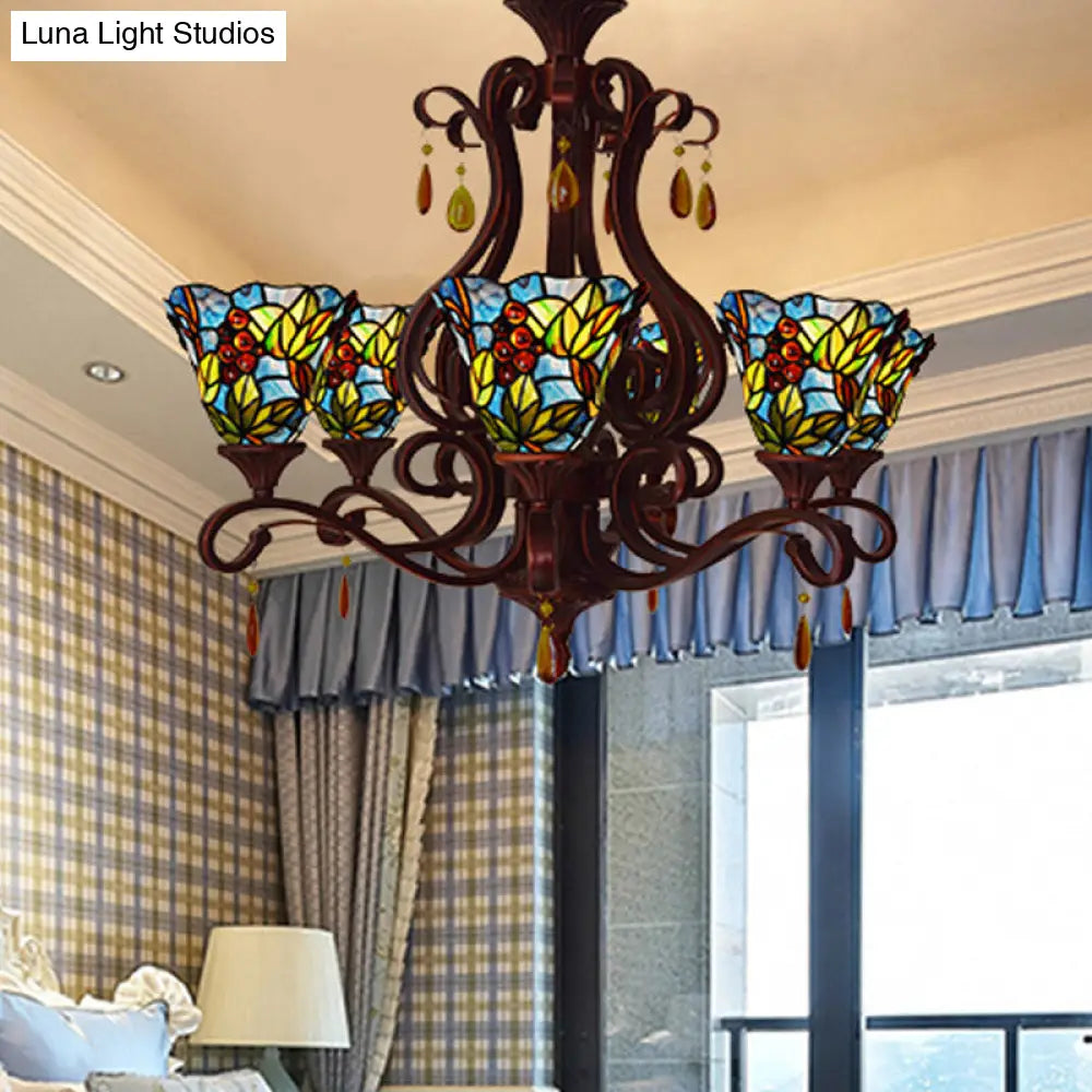 Victorian 6-Light Bedroom Ceiling Chandelier with Floral Stained Glass Shades in Red, Pink, and Blue