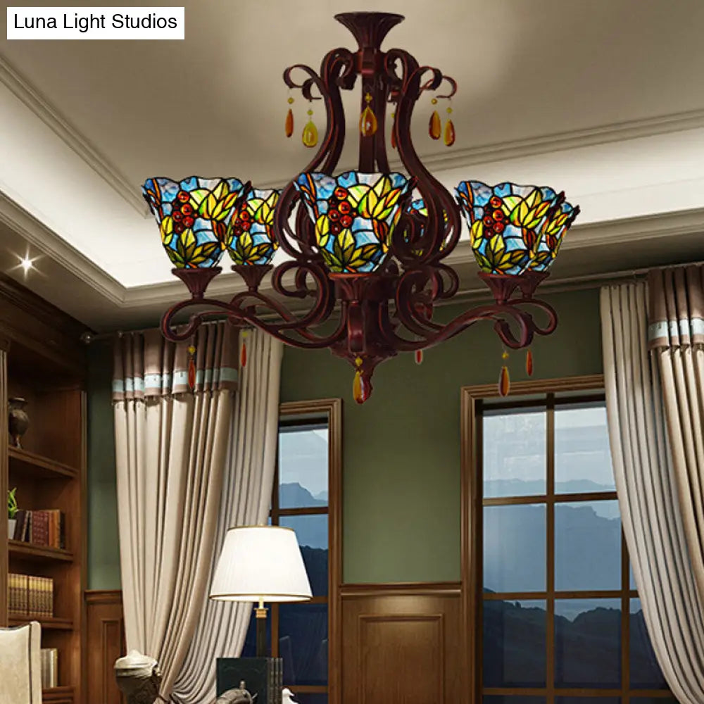 Victorian 6-Light Bedroom Ceiling Chandelier with Floral Stained Glass Shades in Red, Pink, and Blue