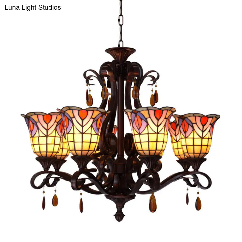 Victorian 6-Light Bedroom Ceiling Chandelier with Floral Stained Glass Shades in Red, Pink, and Blue