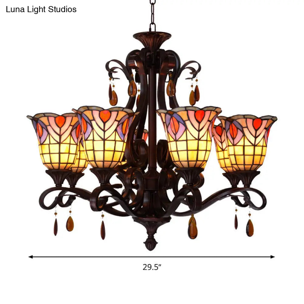 Victorian 6-Light Bedroom Ceiling Chandelier with Floral Stained Glass Shades in Red, Pink, and Blue