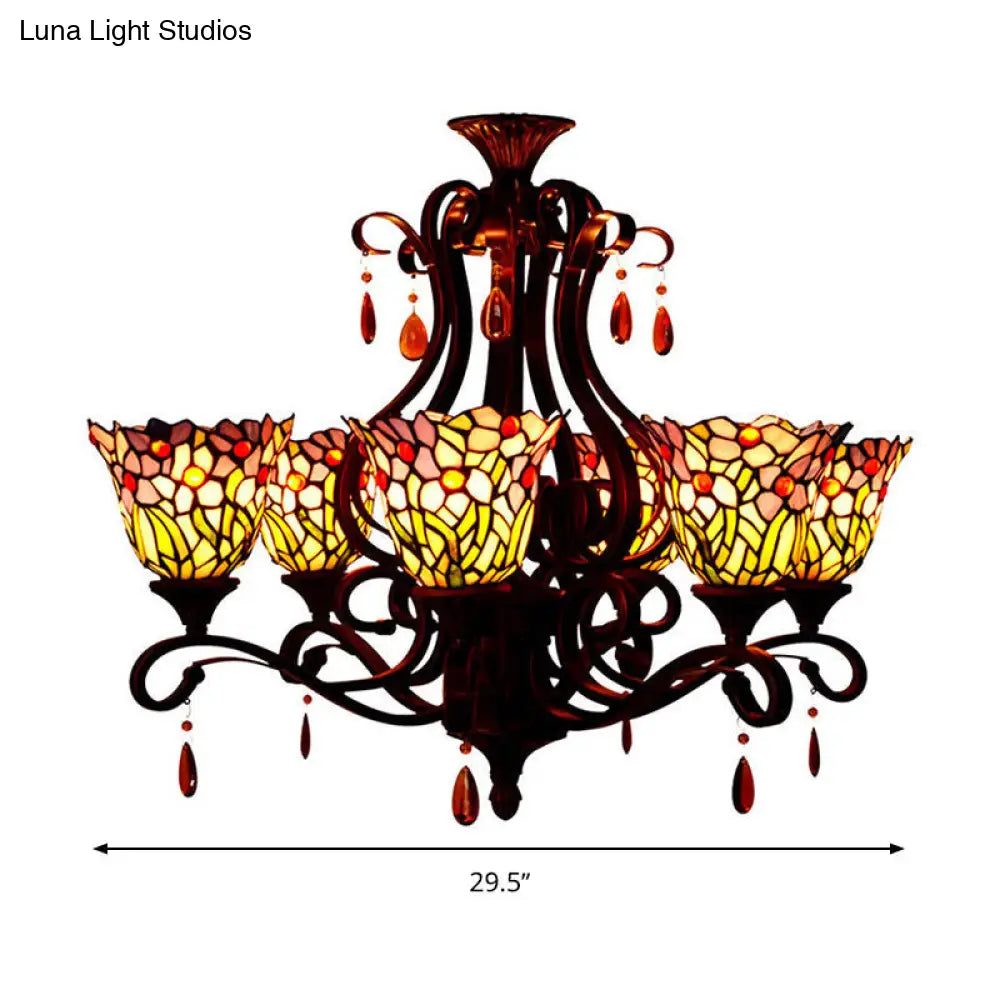 Victorian 6-Light Bedroom Ceiling Chandelier with Floral Stained Glass Shades in Red, Pink, and Blue