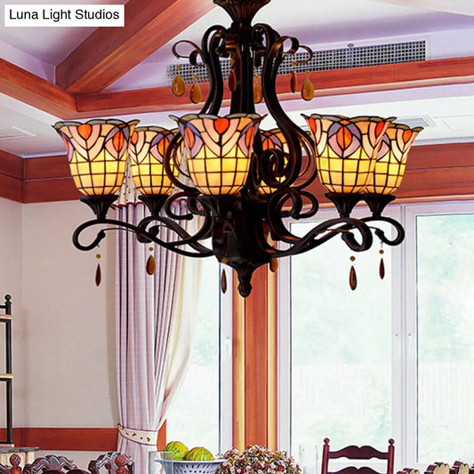 Victorian 6-Light Bedroom Ceiling Chandelier with Floral Stained Glass Shades in Red, Pink, and Blue