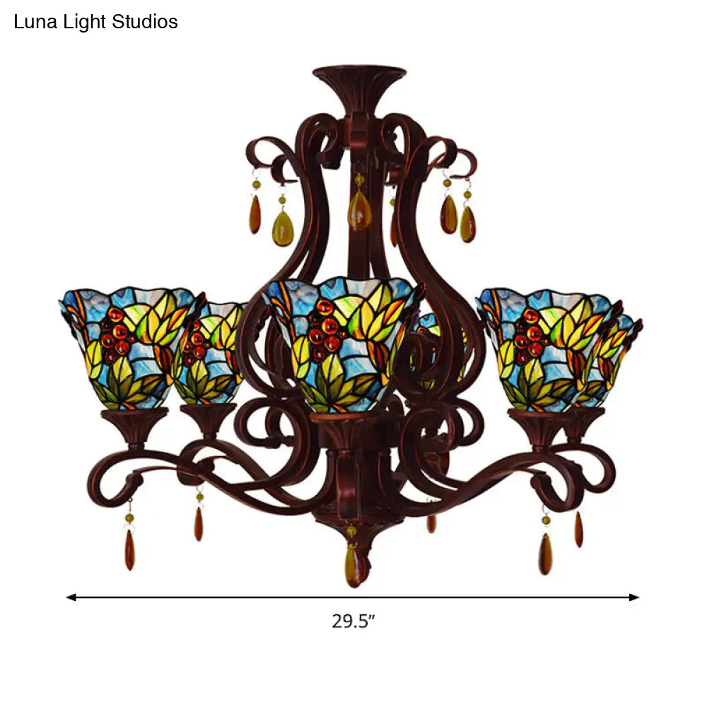 Victorian 6-Light Bedroom Ceiling Chandelier with Floral Stained Glass Shades in Red, Pink, and Blue
