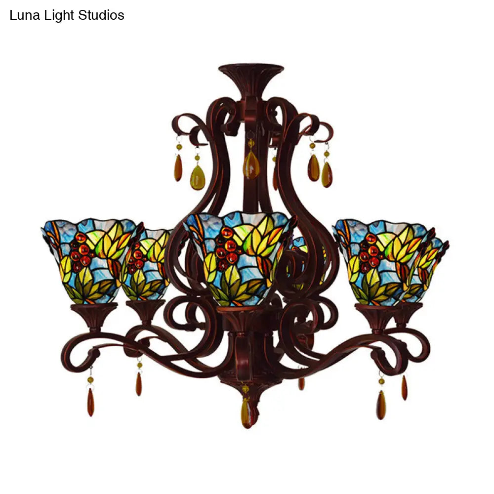 Victorian 6-Light Bedroom Ceiling Chandelier with Floral Stained Glass Shades in Red, Pink, and Blue