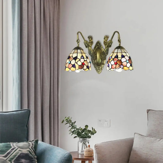 Victorian Beige Petal Wall Mount Light - 2 Heads Multicolor Shell Sconce with Mermaid Backplate