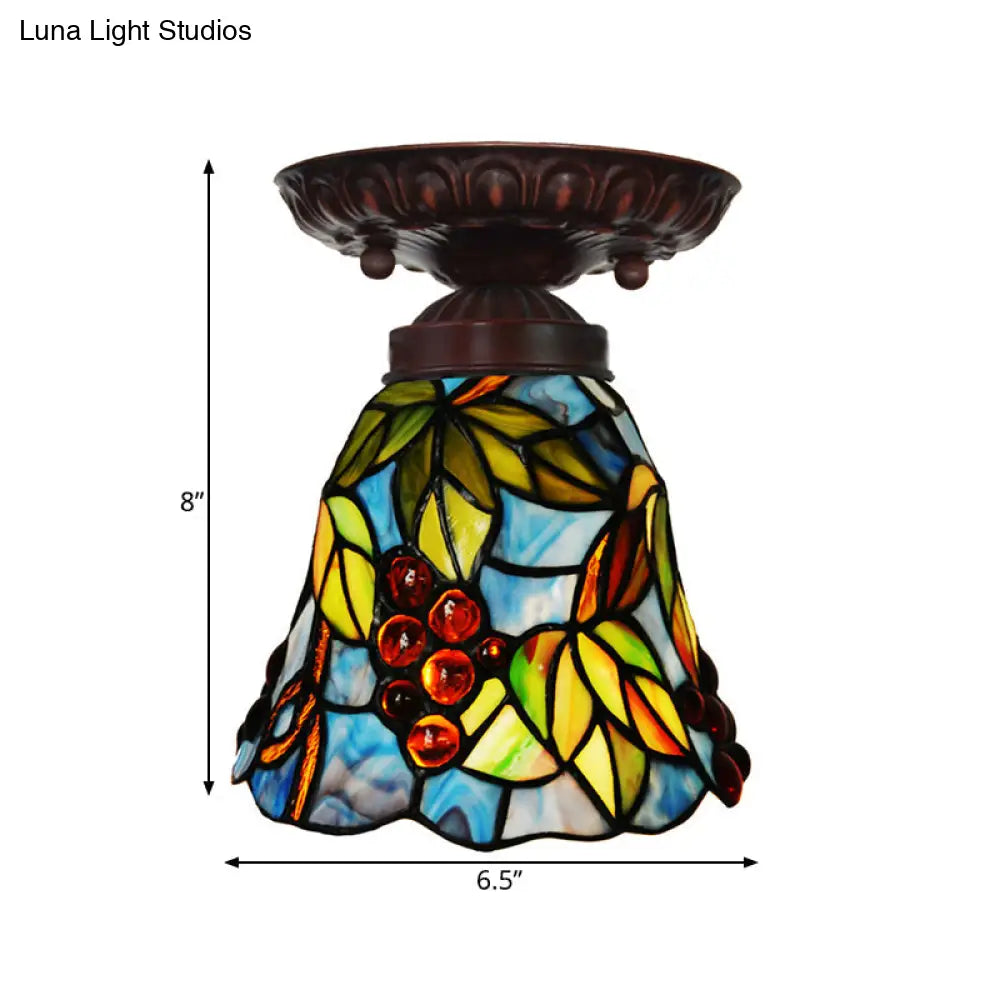 Victorian Bell Flush Mount Ceiling Lamp - Pink/Blue Stained Glass Bedroom Light Fixture with 1 Light